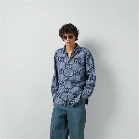 Jumbo GG checked wool shirt in light blue and blue 